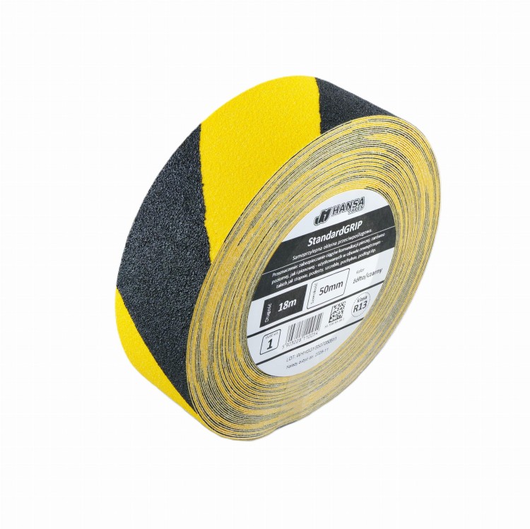 taśma antypoślizgowa, średnie ziarno, ostrzegawcza, żółto-czarna, 50mm HANSAtapes rolka cut.JPG