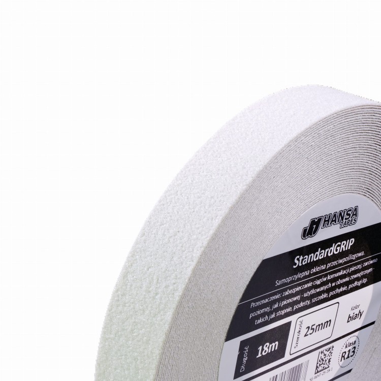 SG TAŚMA SAMOPRZYLEPNA NA SCHODY PRZECIWPOŚLIZGOWA BIAŁA rolka main 25mm hansa tapes cut.JPG