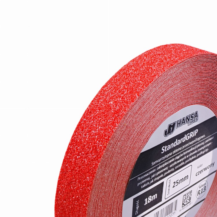 naklejka przeciwpośligowa na podłogę, czerwona, z ziarnem, standard grip, hansatapes 25mm rolka cut.JPG