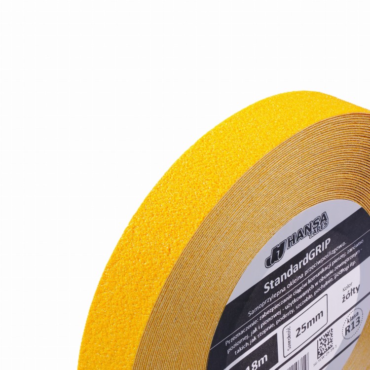 Taśma antypoślizgowa żółta 25mm, ,rolka , Hansa Tapes, Standard Grip, na schody, przeciwpoślizgowa cut.JPG