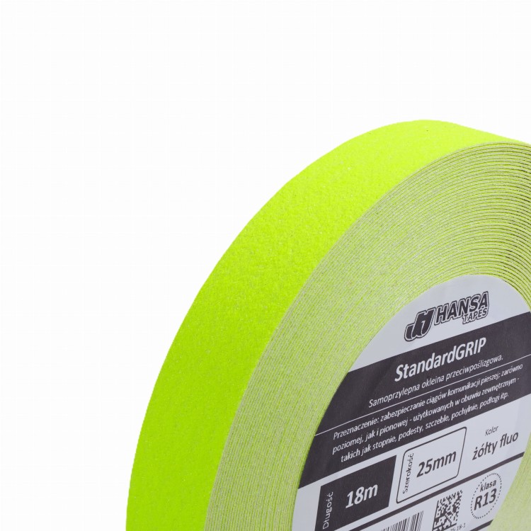 naklejka przeciwpoślizgowa na schody, jaskrawa żółta fluo, StandardGRIP, Hansa Tapes, 25mm, rolka cut.JPG